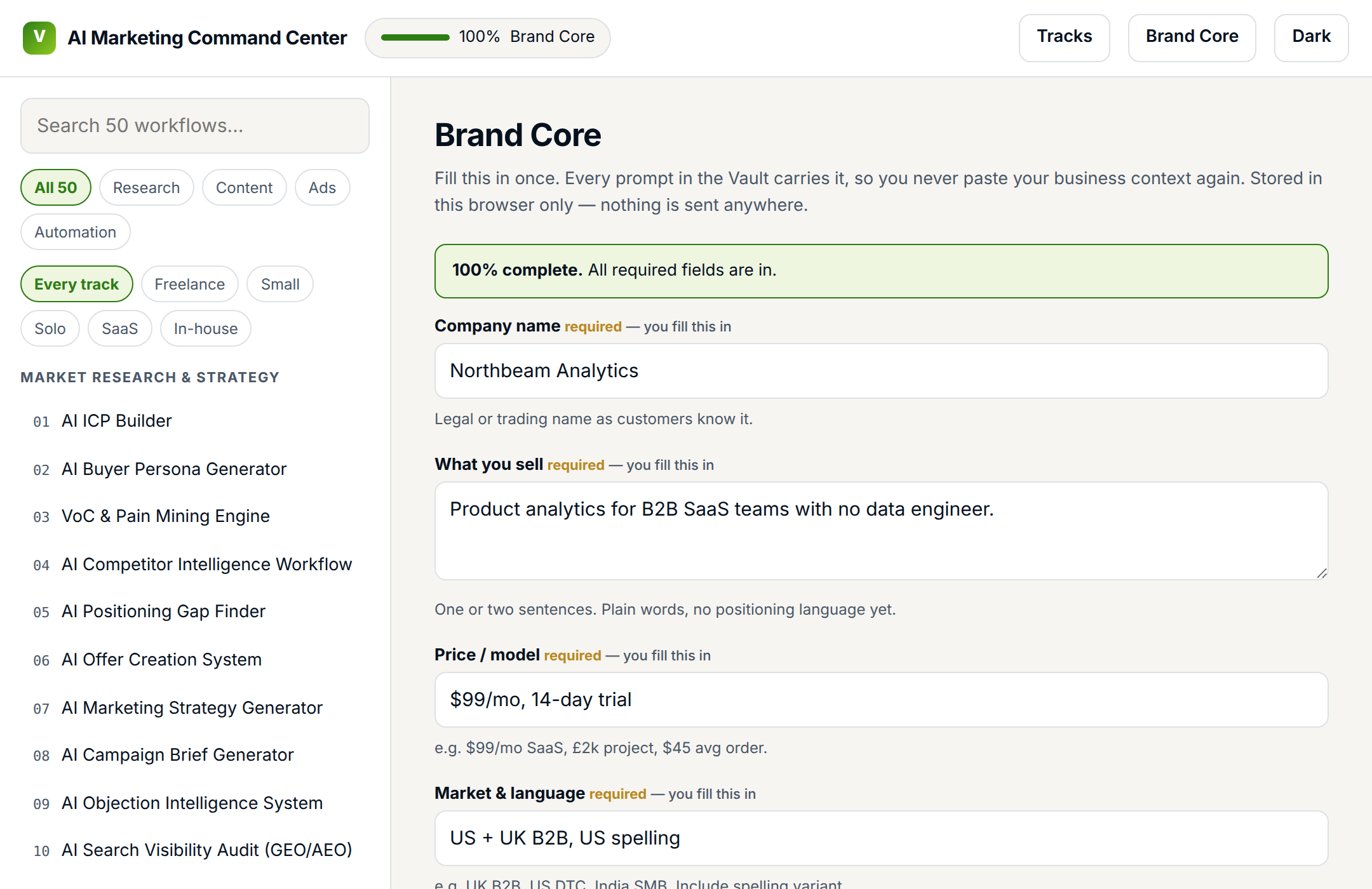 The Brand Core screen showing which fields you write and which the workflows write