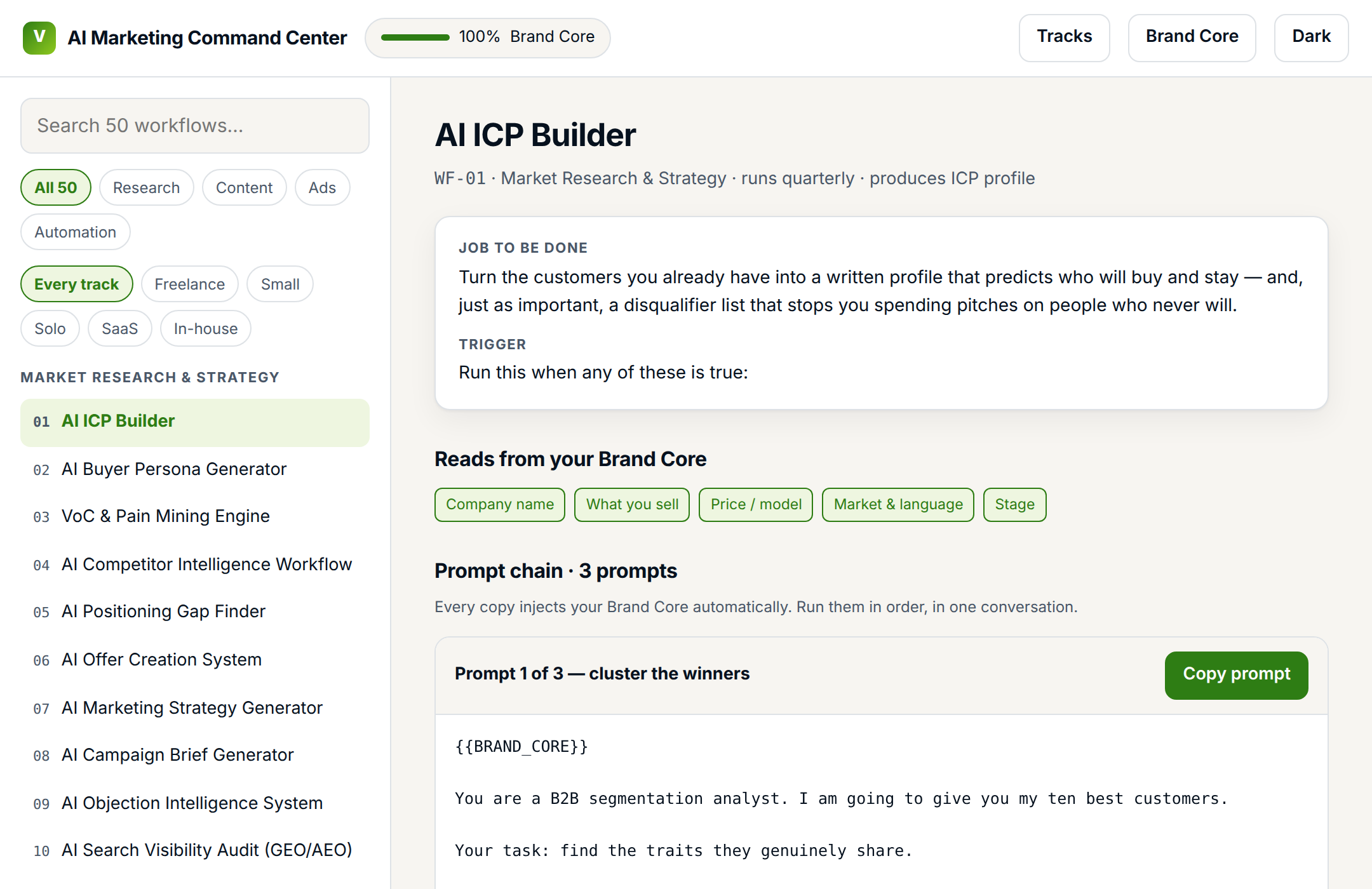 The Command Center with a workflow open, its prompt already carrying the Brand Core