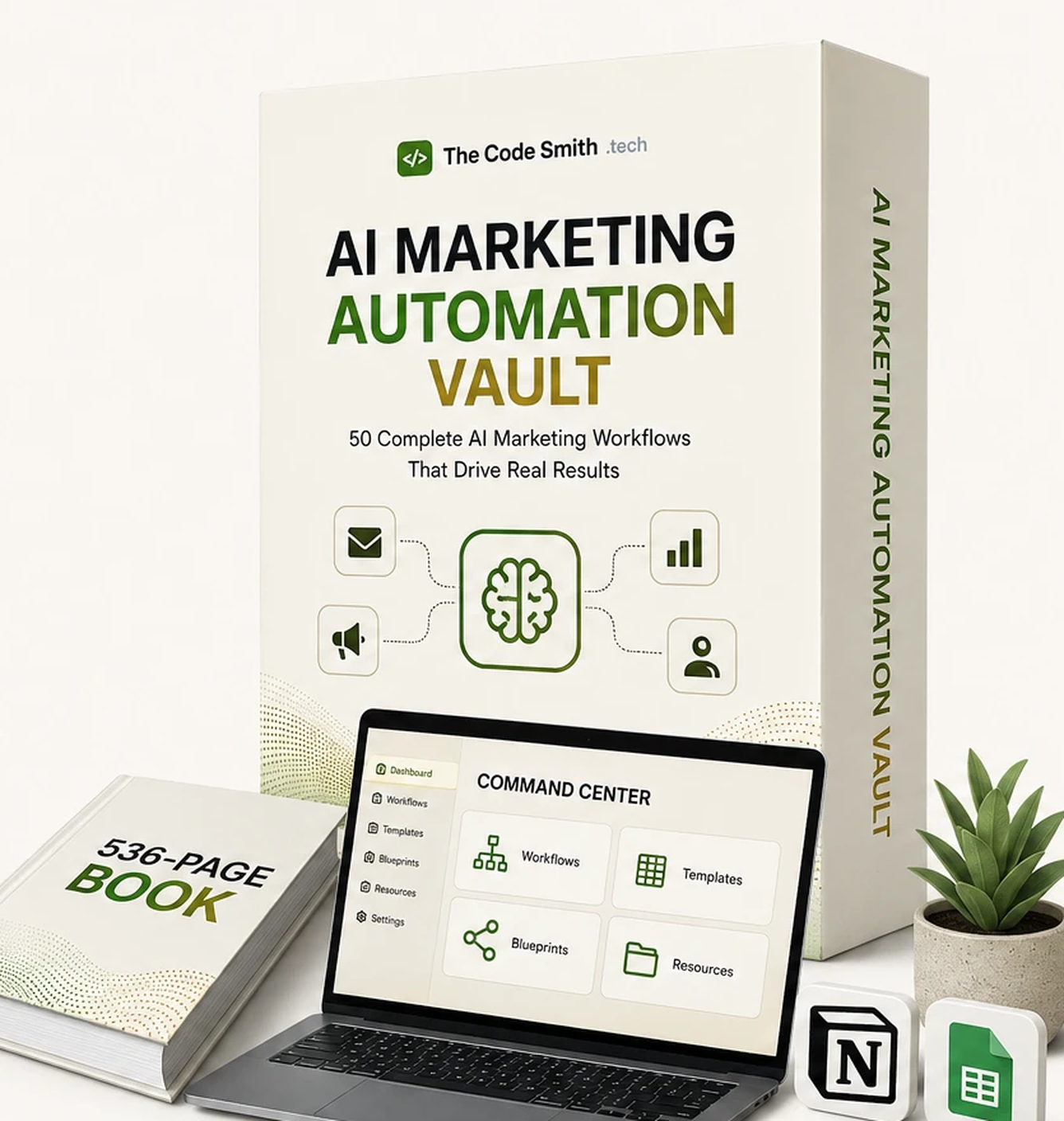 The AI Marketing Automation Vault: the 536-page book, the offline Command Center app, and the Notion and spreadsheet packs