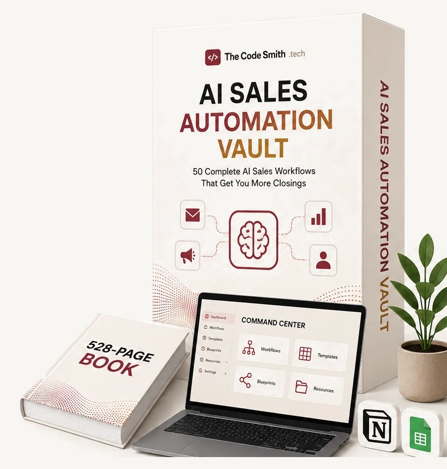 The AI Sales Automation Vault: the boxed vault, the 528-page book, the offline Command Center app, and the Notion and spreadsheet packs