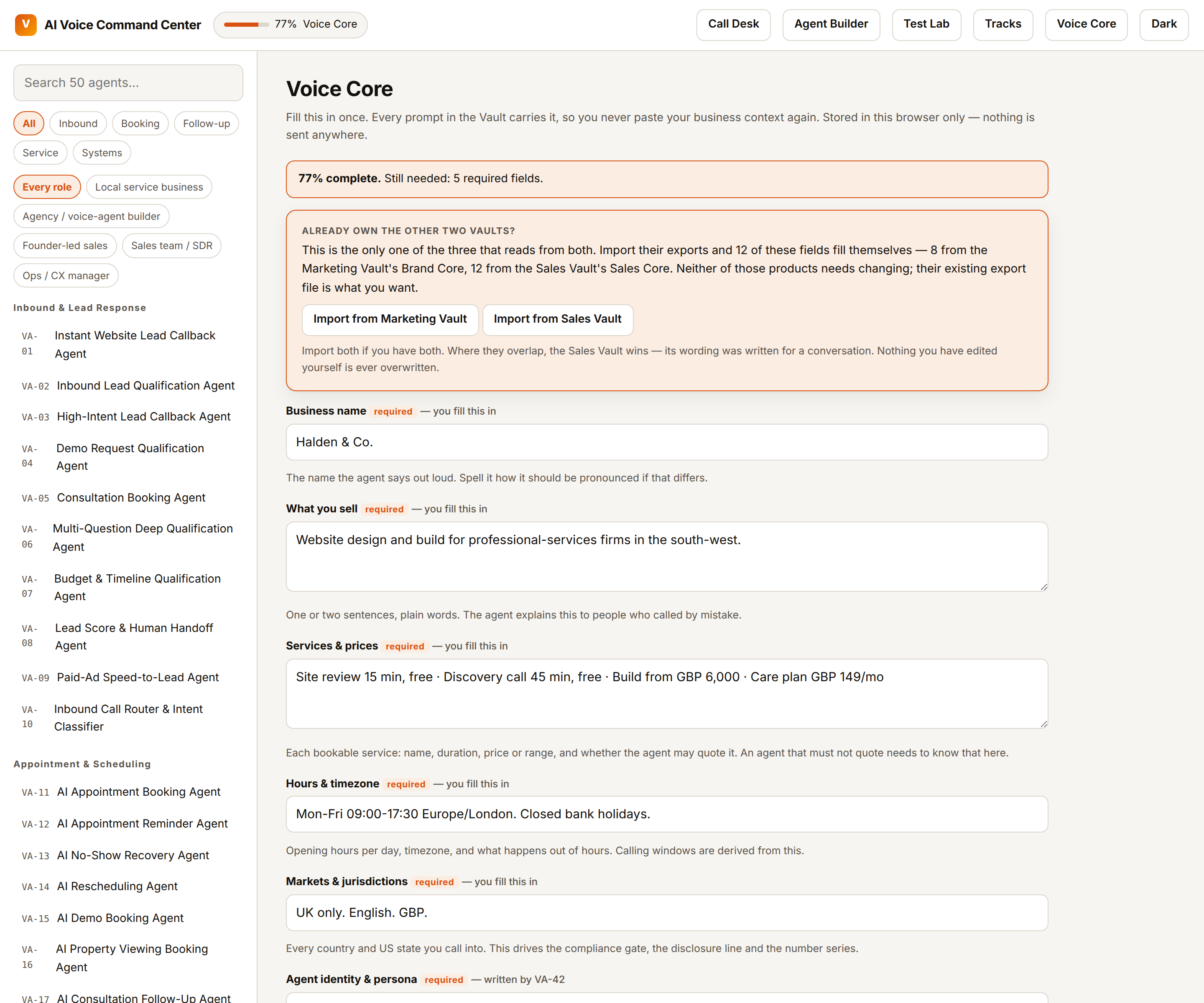 The Voice Core screen showing which fields you write and which the agents write