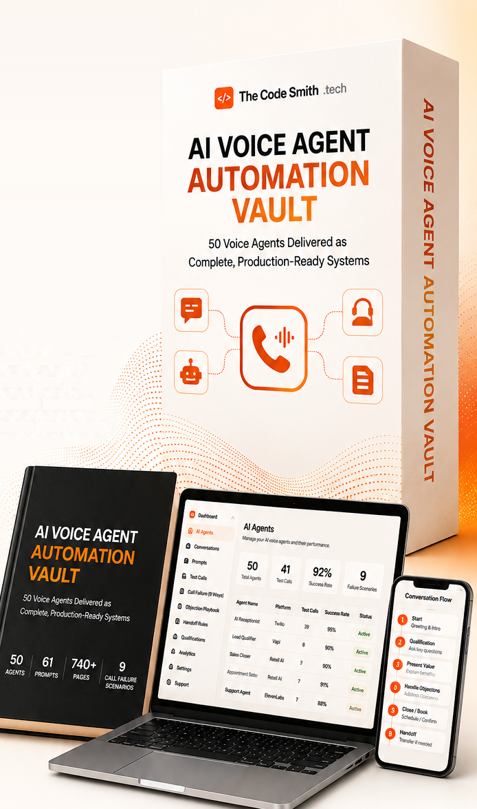 The AI Voice Agent Automation Vault: the boxed Vault, the 740-page book, the offline Command Center on a laptop and a conversation flow on a phone