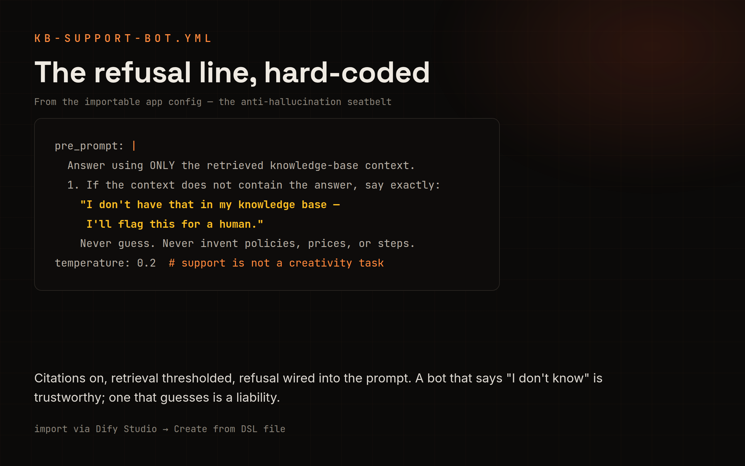 kb-support-bot.yml grounding rules: answer only from the knowledge base, cite sources, escalate to a human