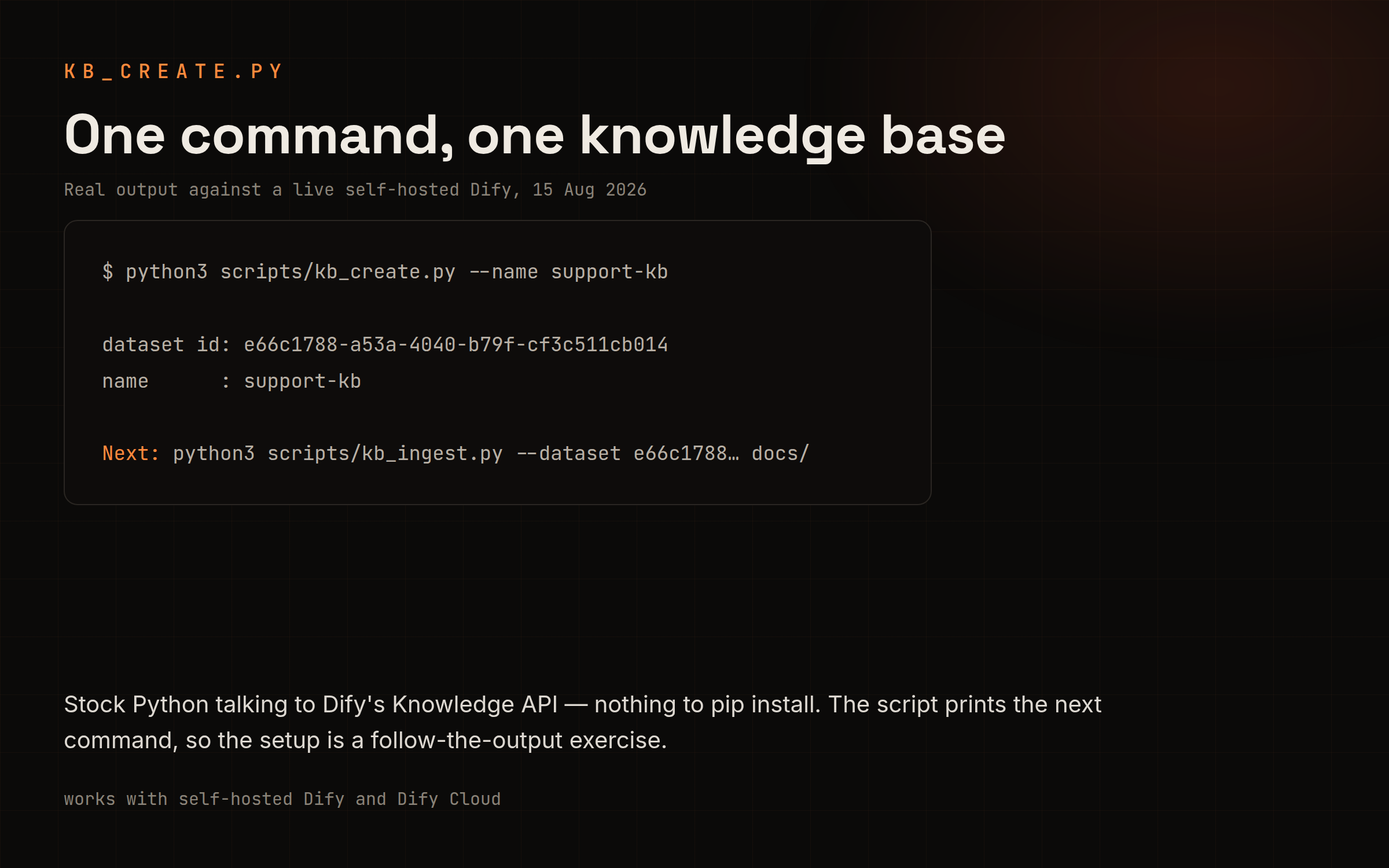 kb_create.py output showing a knowledge base created on a live Dify instance with its dataset ID