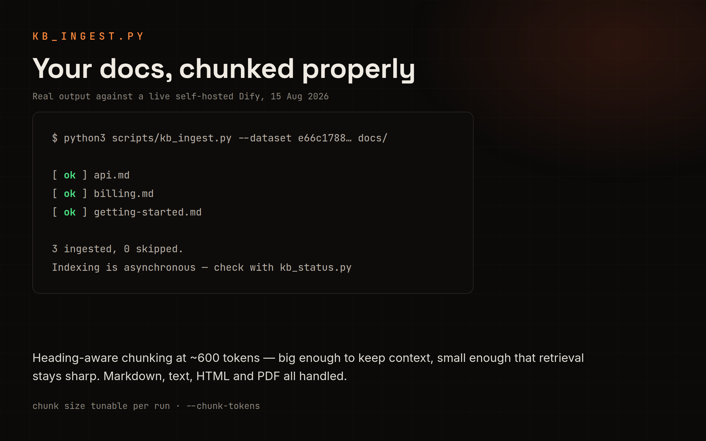 kb_ingest.py uploading a folder of markdown docs with heading-aware chunking