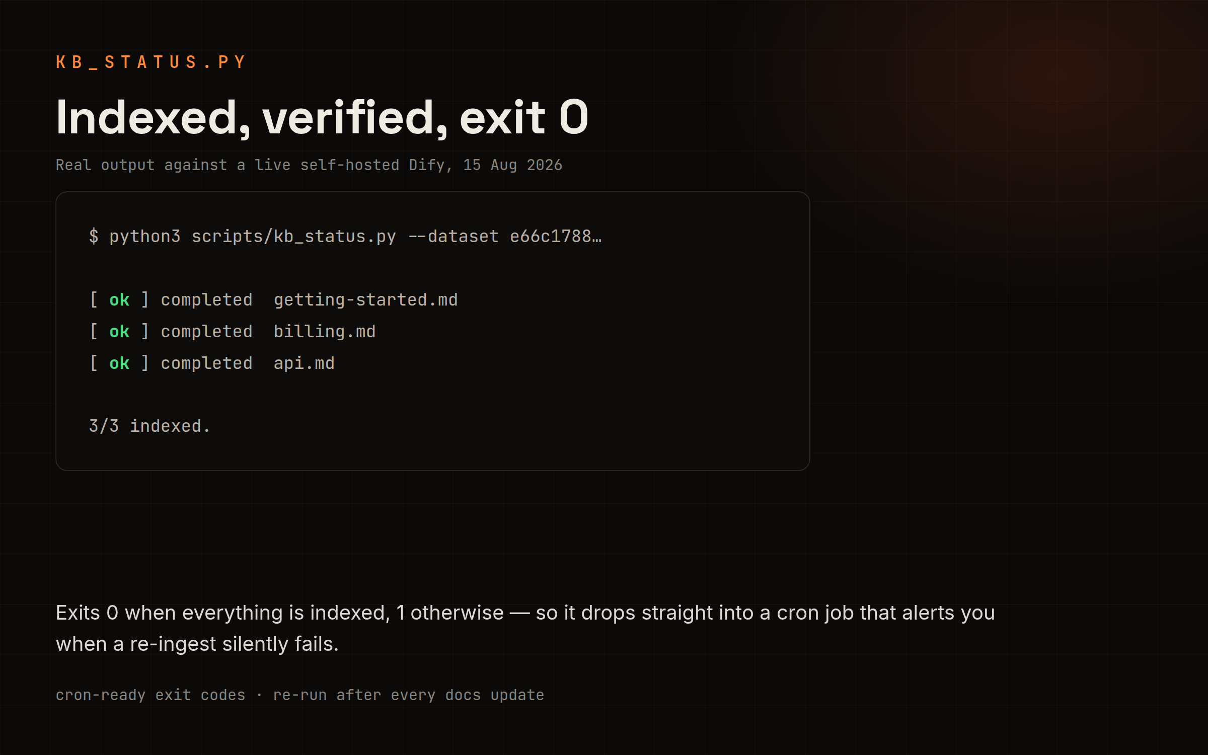 kb_status.py showing all documents indexed and ready with a clean exit code