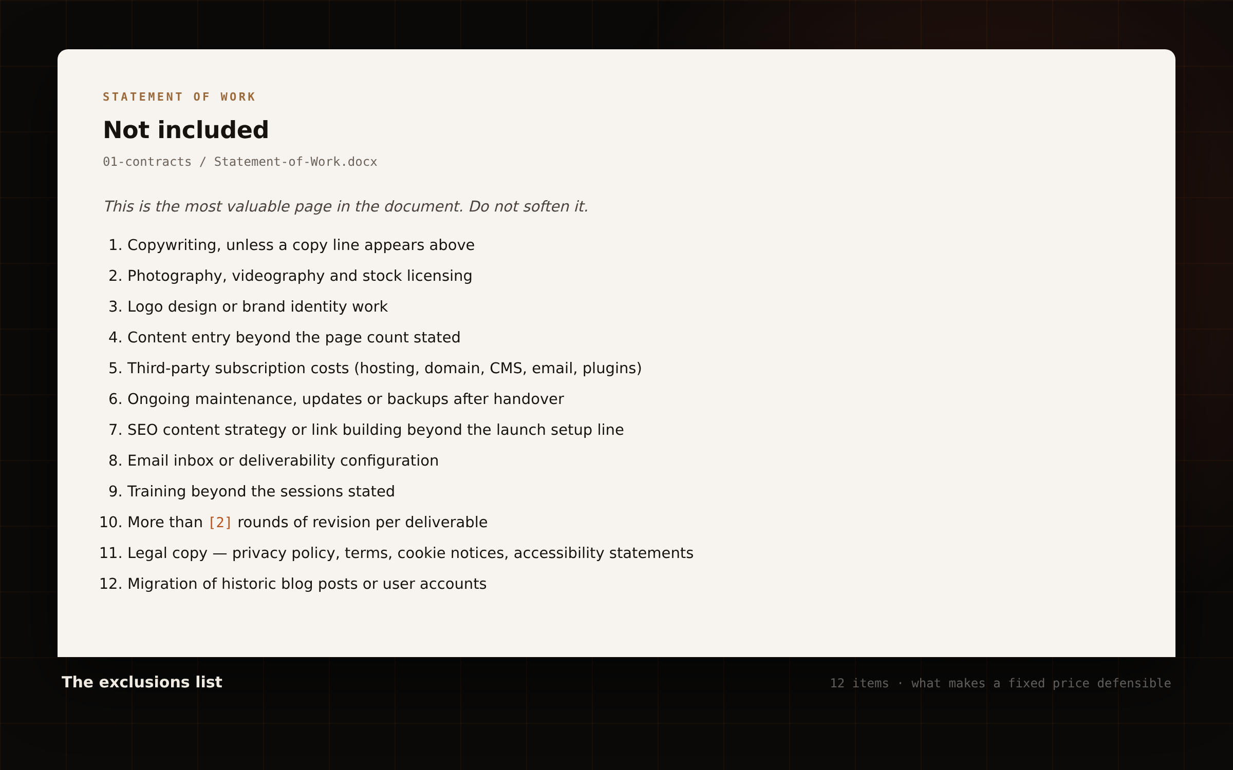 Statement of Work — the Not included page listing 12 standard exclusions