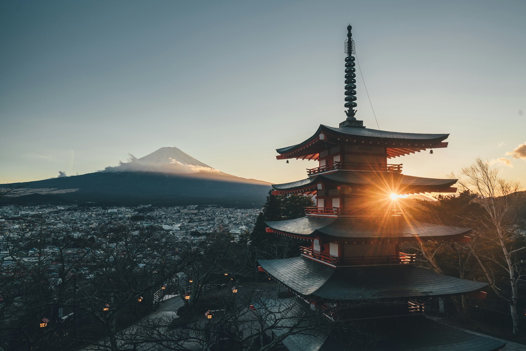 Fuji and a pagoda in silhouette at last light