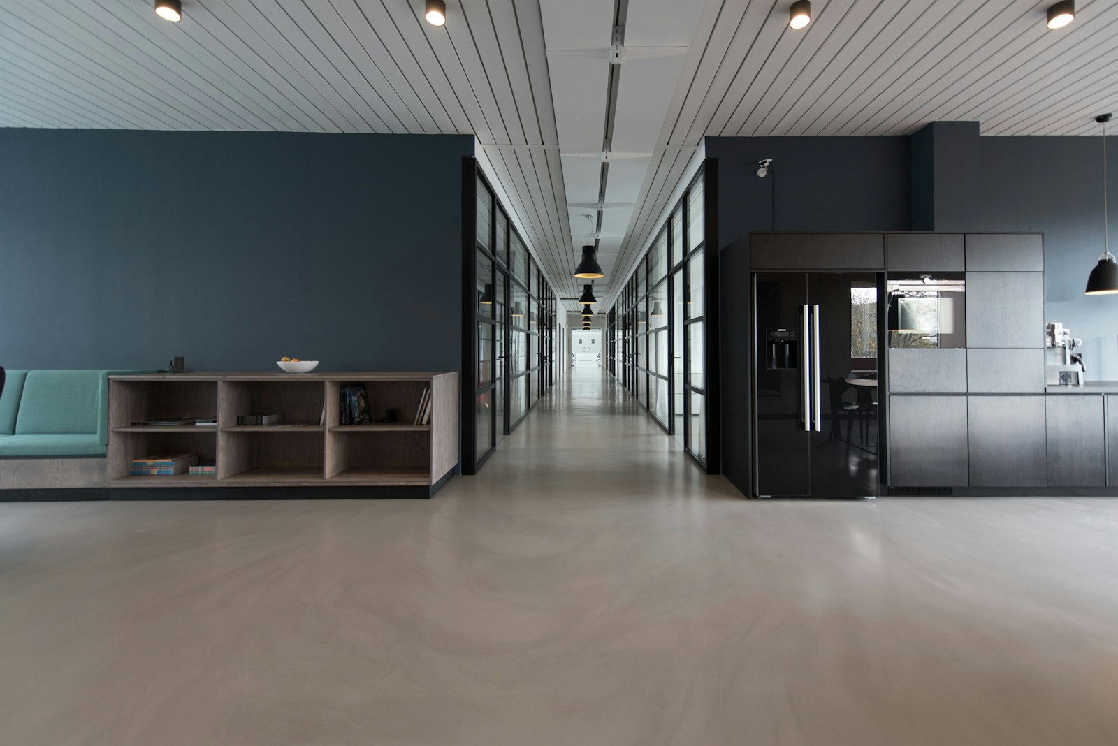 A calm minimal office corridor