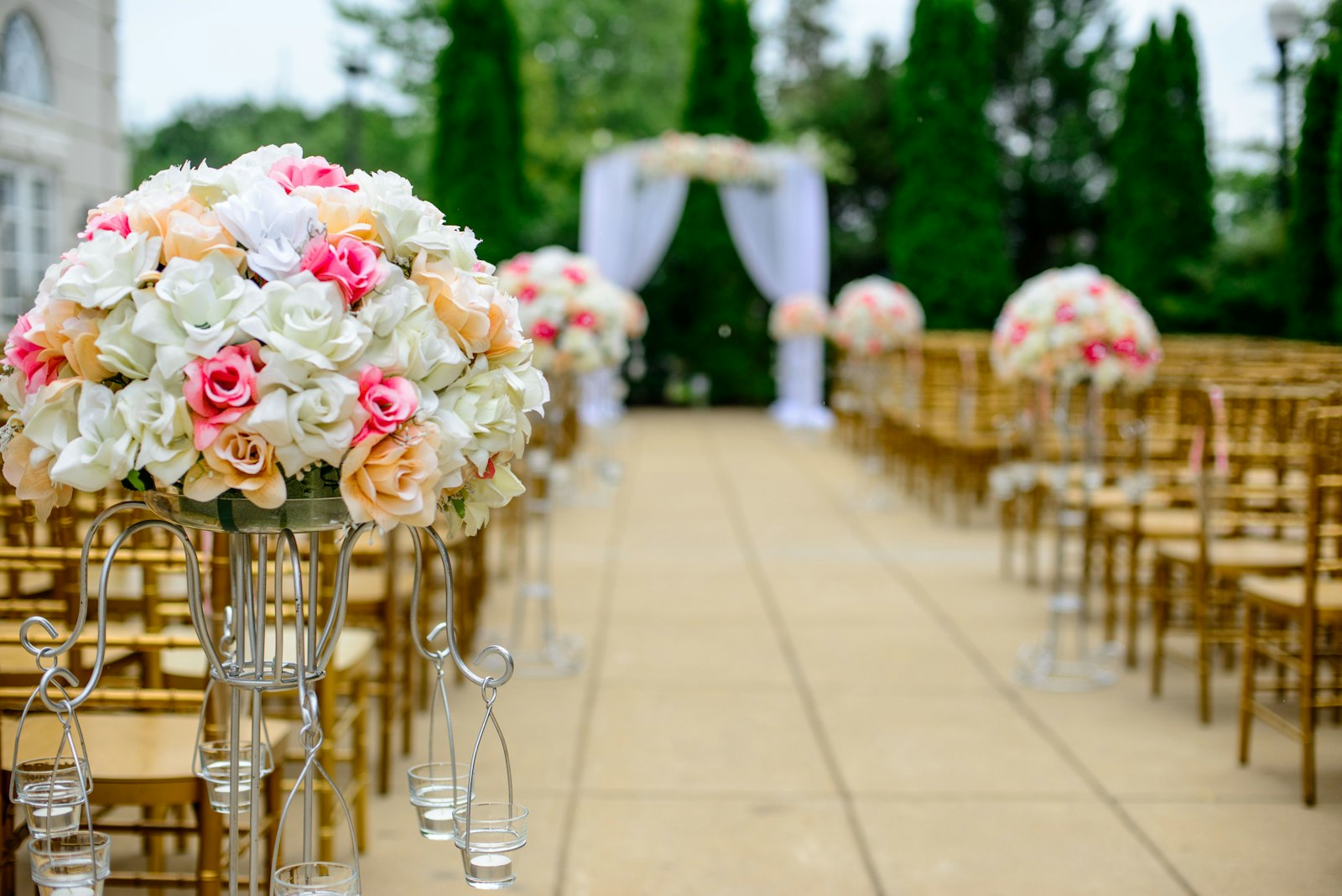 Ceremony aisle with white and blush florals